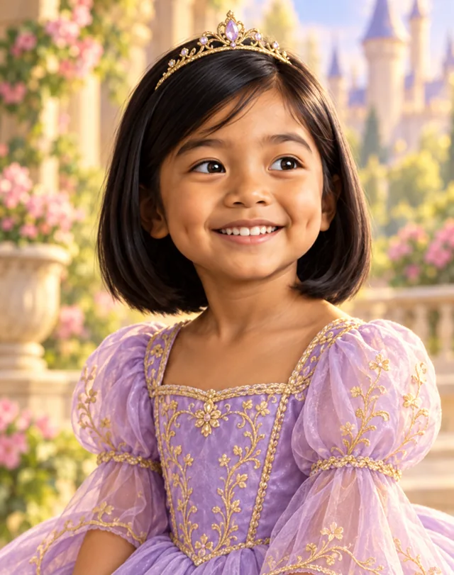 Alya wearing a lavender princess dress and a gold tiara