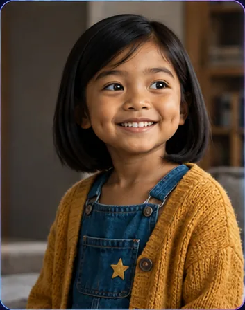 Alya in her mustard cardigan and denim overalls