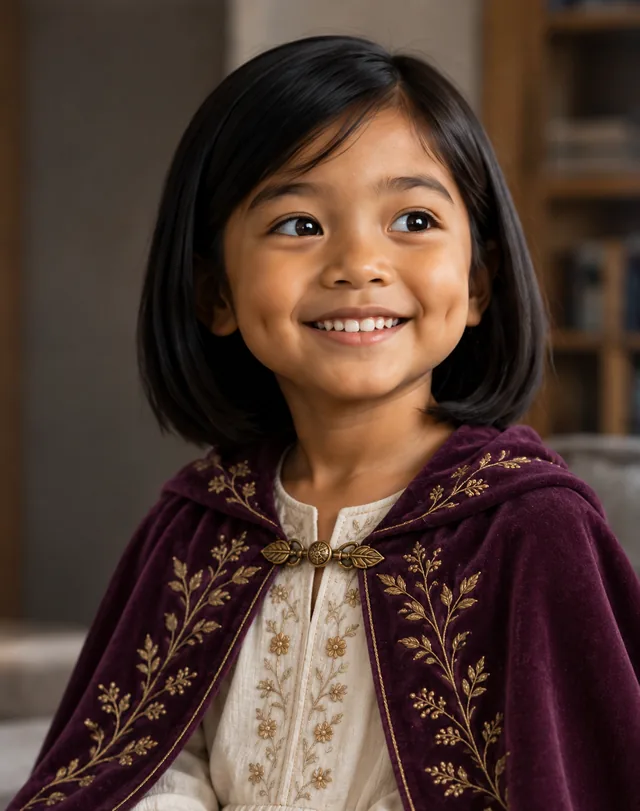 Alya in a plum cape with gold embroidery