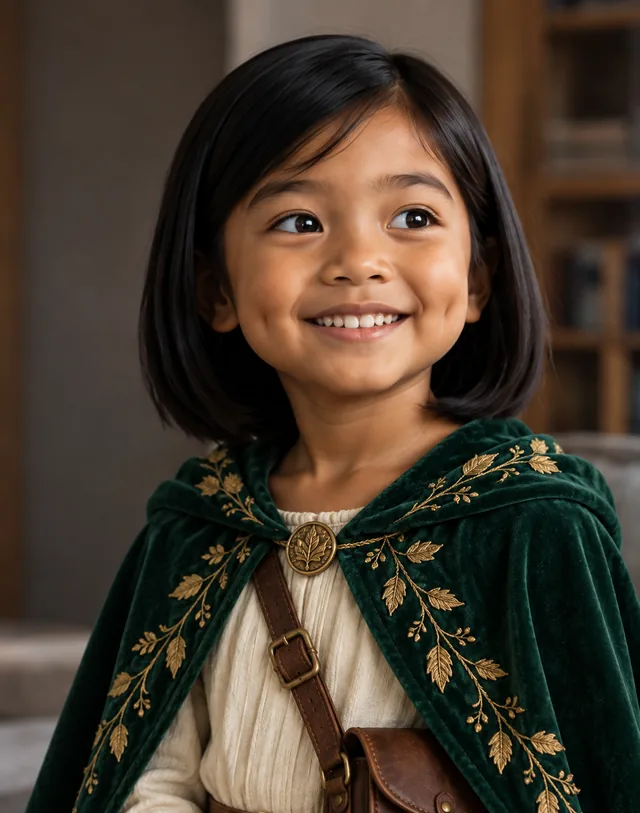 Alya in an emerald cape with leaf embroidery and a satchel
