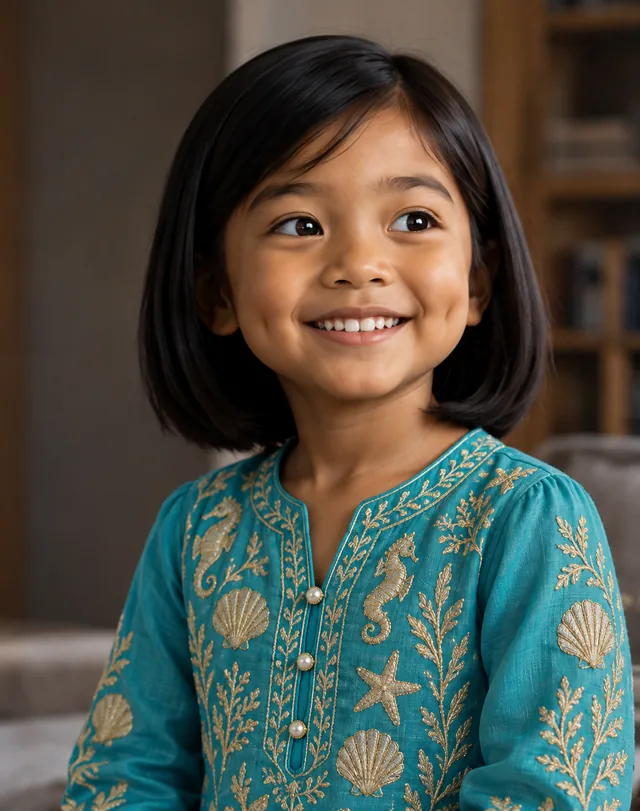 Alya in a turquoise outfit with gold sea motifs