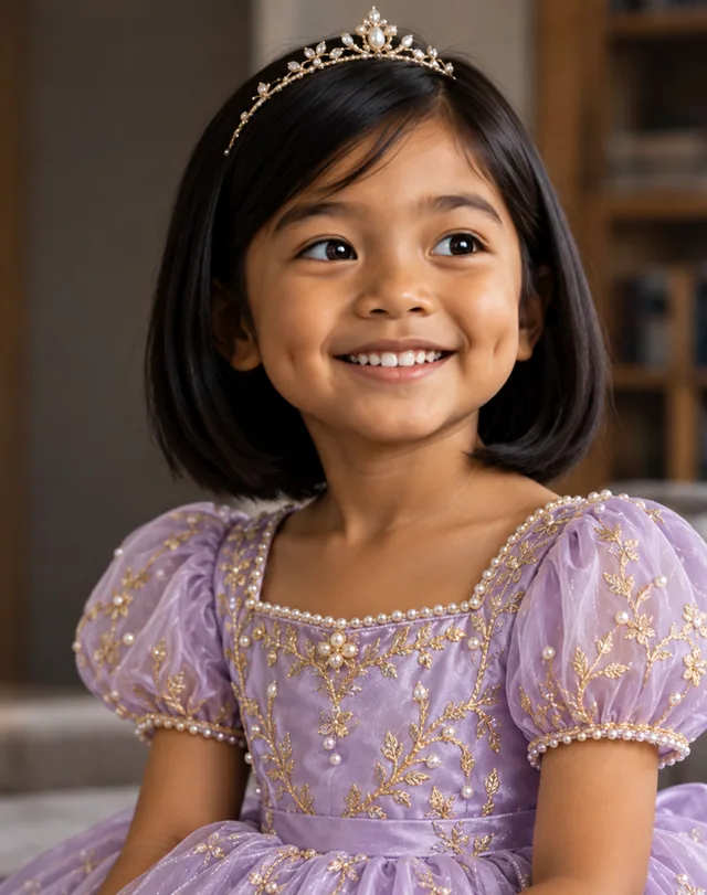 Alya in a lavender dress with pearl details and a delicate tiara