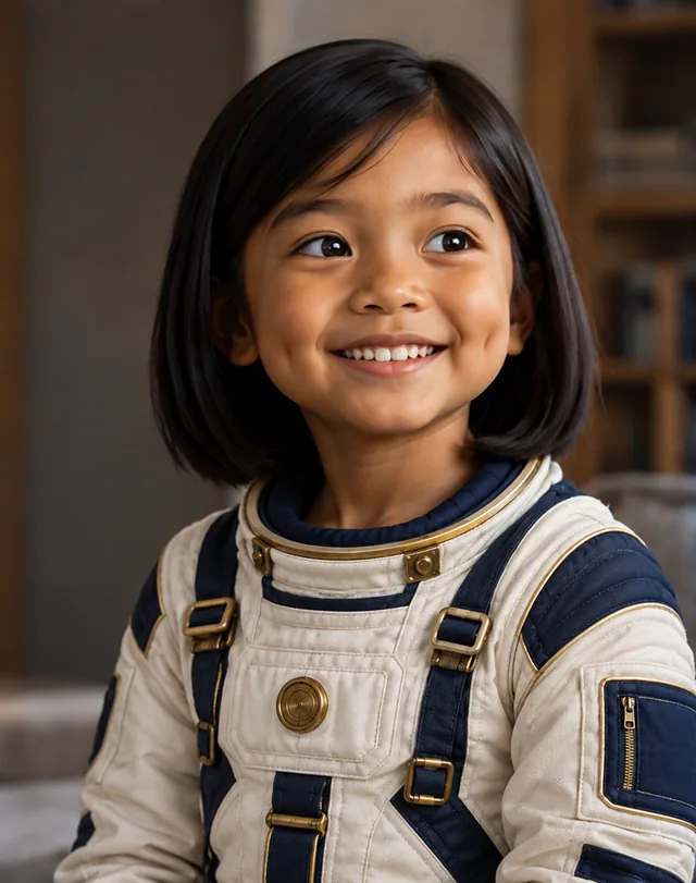 Alya in an ivory and navy spacesuit
